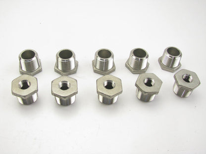 (10) Hex Reducing Bushing: 316 Stainless Steel, 3/4'' Male NPT X 1/4'' Female NPT