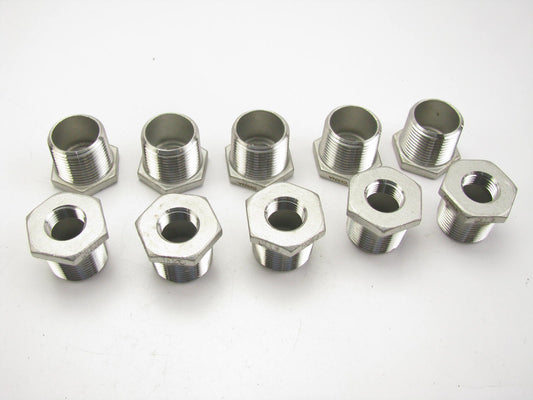 (10) Hex Reducing Bushing: 316 Stainless Steel, 1'' Male NPT X 1/2'' Female NPT