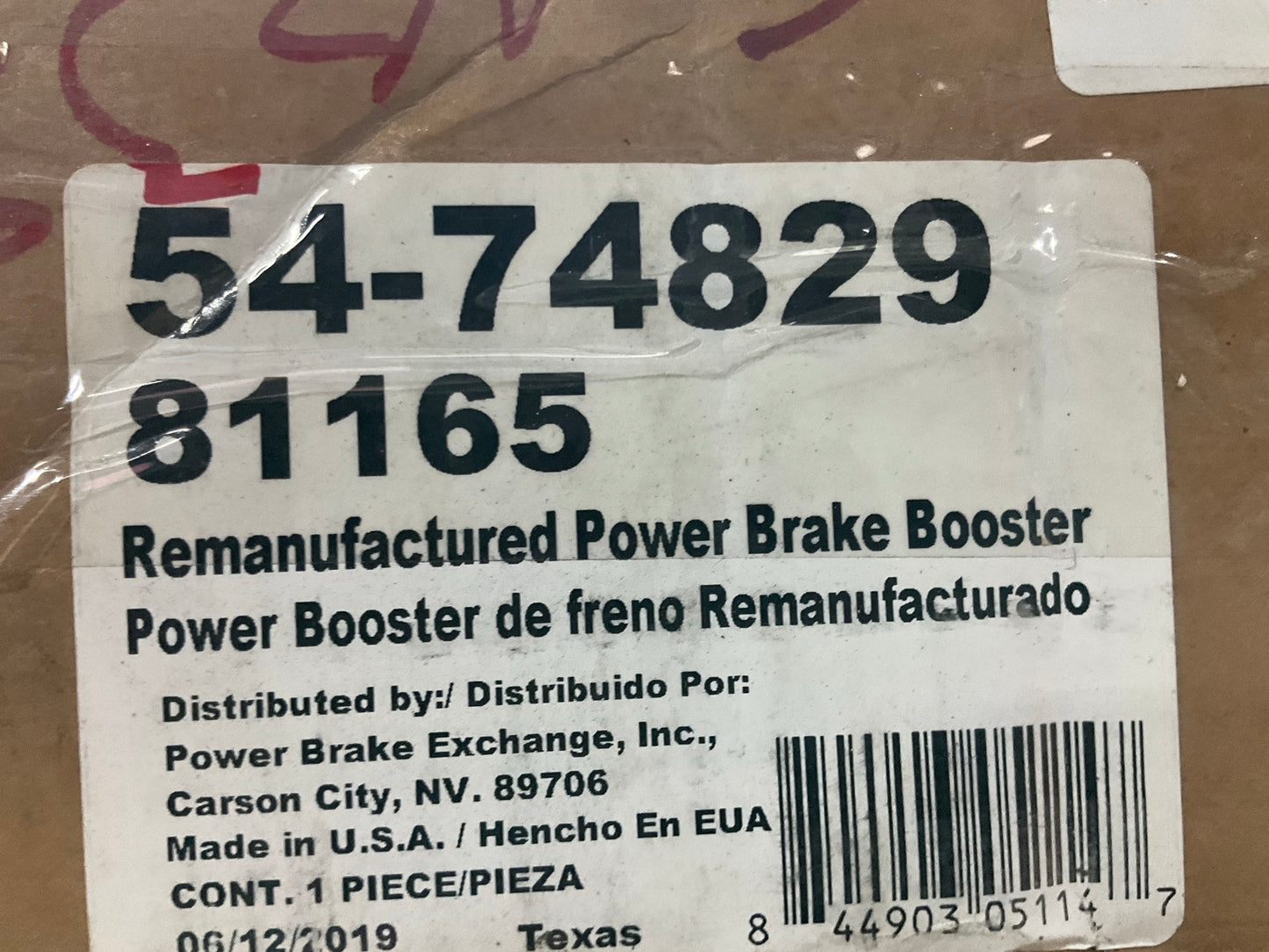 NEW - OUT OF BOX - Missing Nuts 54-74829 Power Brake Booster
