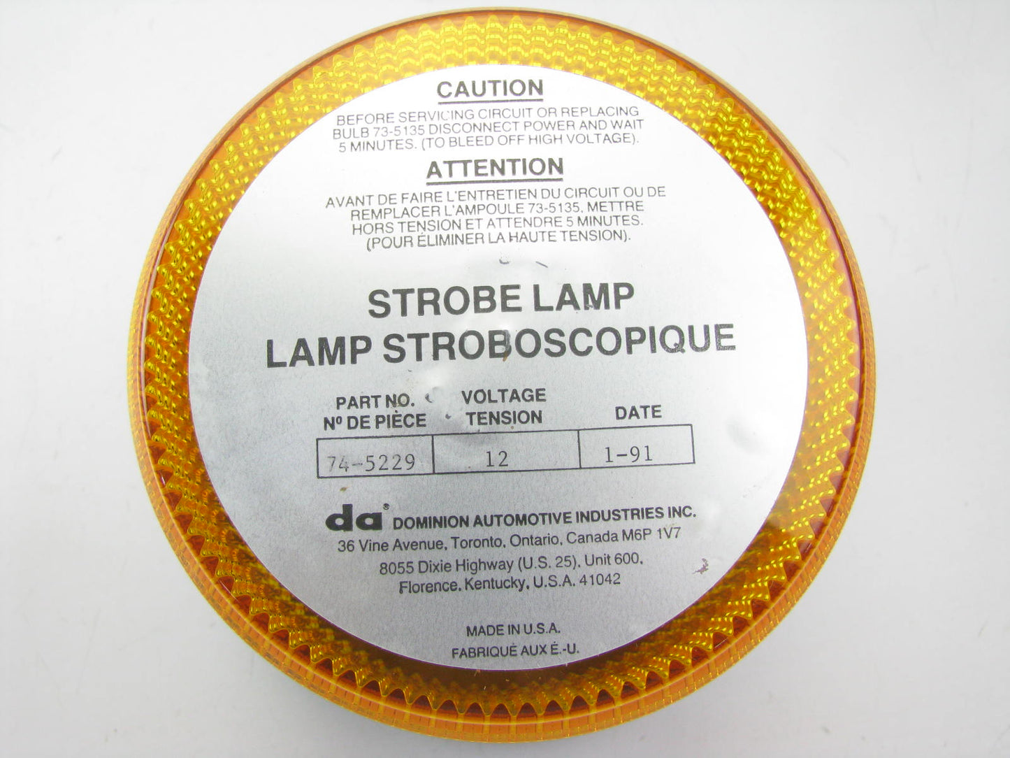 NEW OUT OF BOX - Dominion 74-5229 Amber Strobe Warning Light 12V
