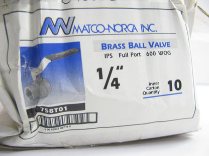 Bulk Packed Matco-Norca 758T01 758T Brass Ball Valve 1/4'' IPS Full Port