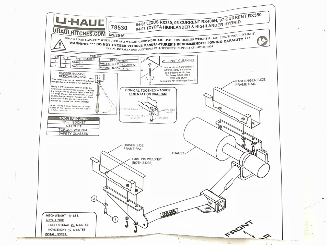 NEW UNBOXED U-haul 13530 Class 3 Trailer Hitch, 2'' Receiver - 04-07 Highlander