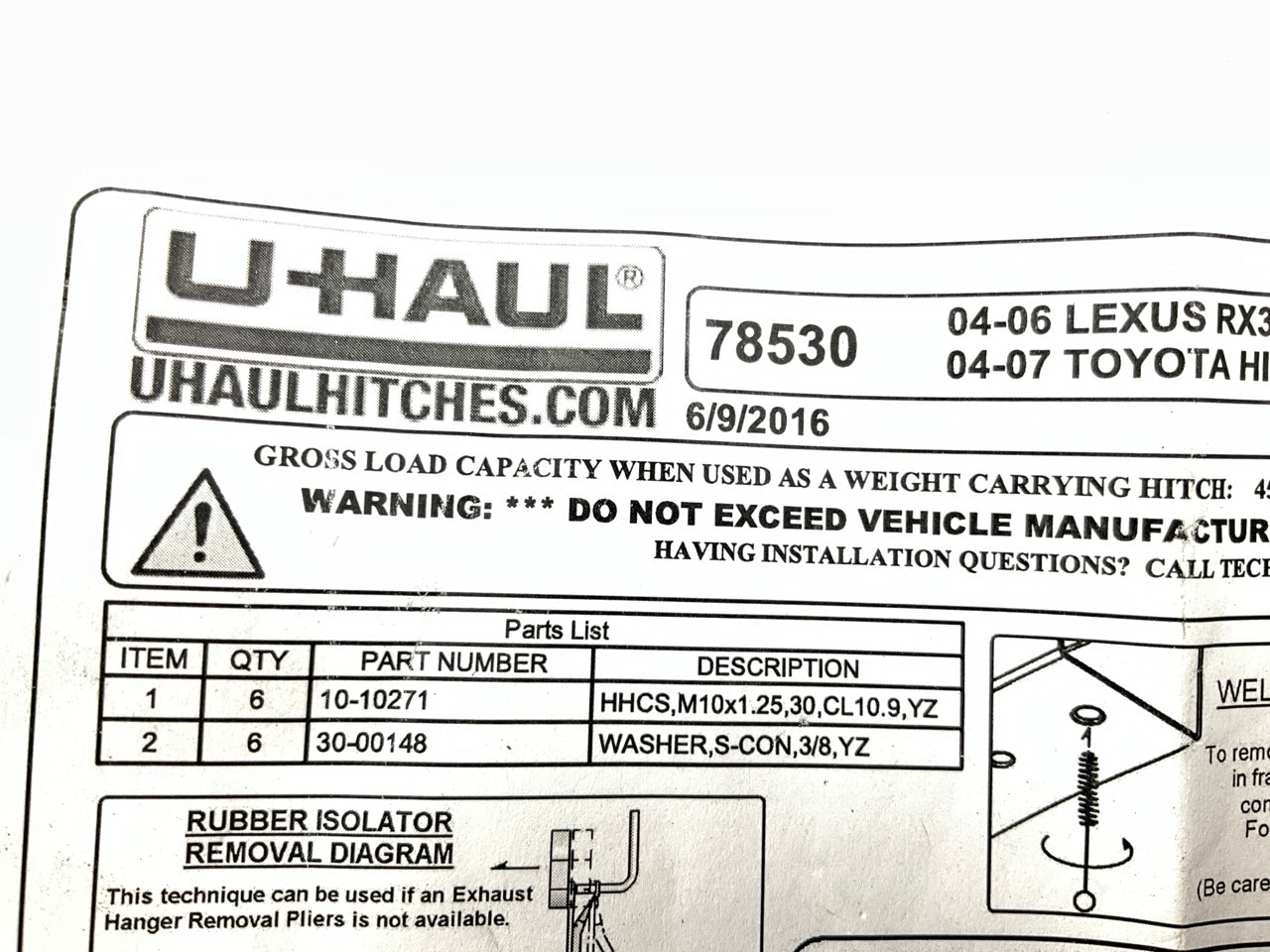 NEW UNBOXED U-haul 13530 Class 3 Trailer Hitch, 2'' Receiver - 04-07 Highlander