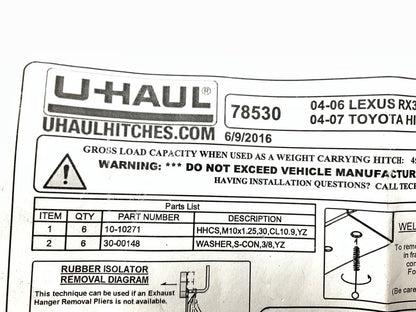 NEW UNBOXED U-haul 13530 Class 3 Trailer Hitch, 2'' Receiver - 04-07 Highlander