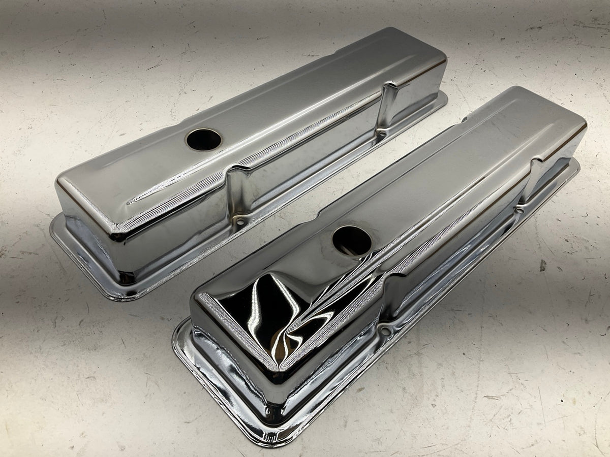 NEW UNBOXED MrGasket 9800 Chrome Engine Valve Covers 1972-1986 Chevy SBC 283-400