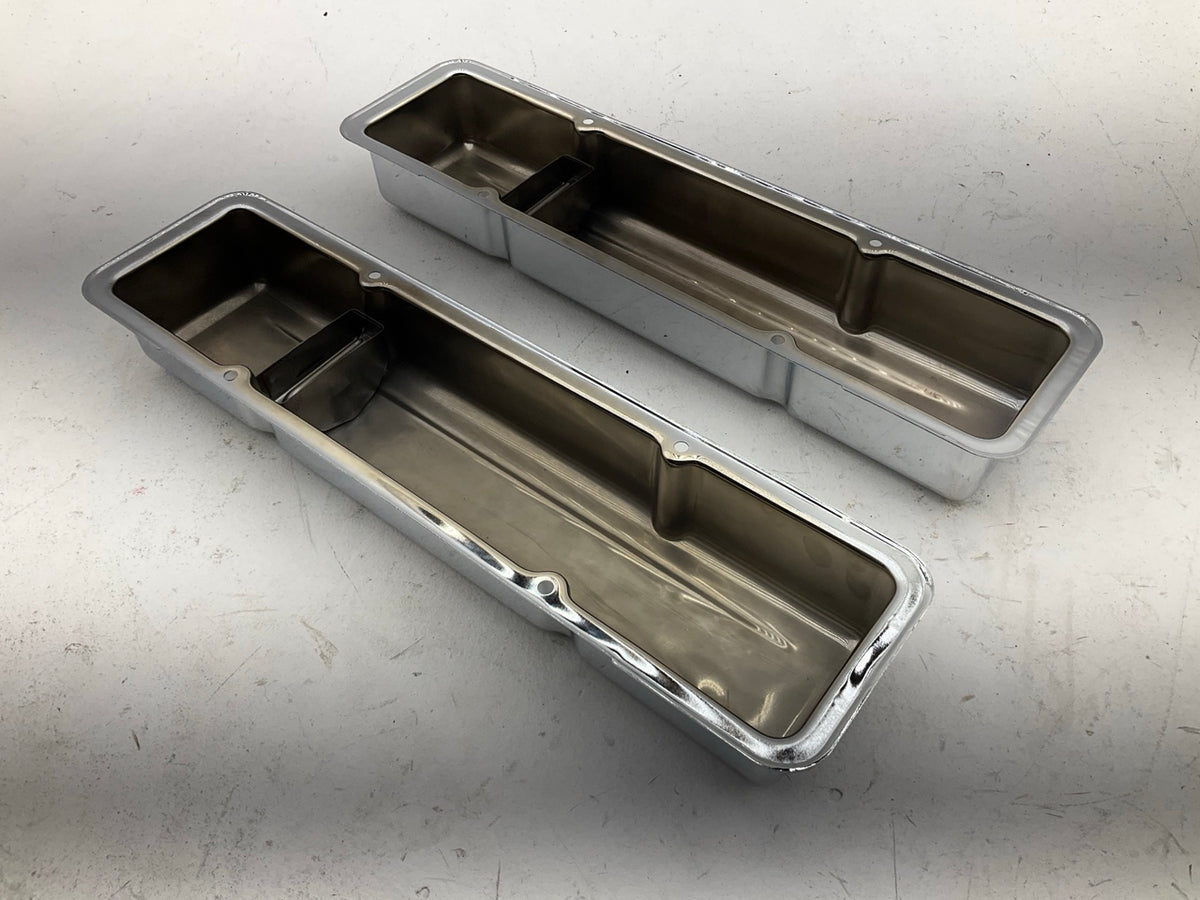 NEW UNBOXED MrGasket 9800 Chrome Engine Valve Covers 1972-1986 Chevy SBC 283-400