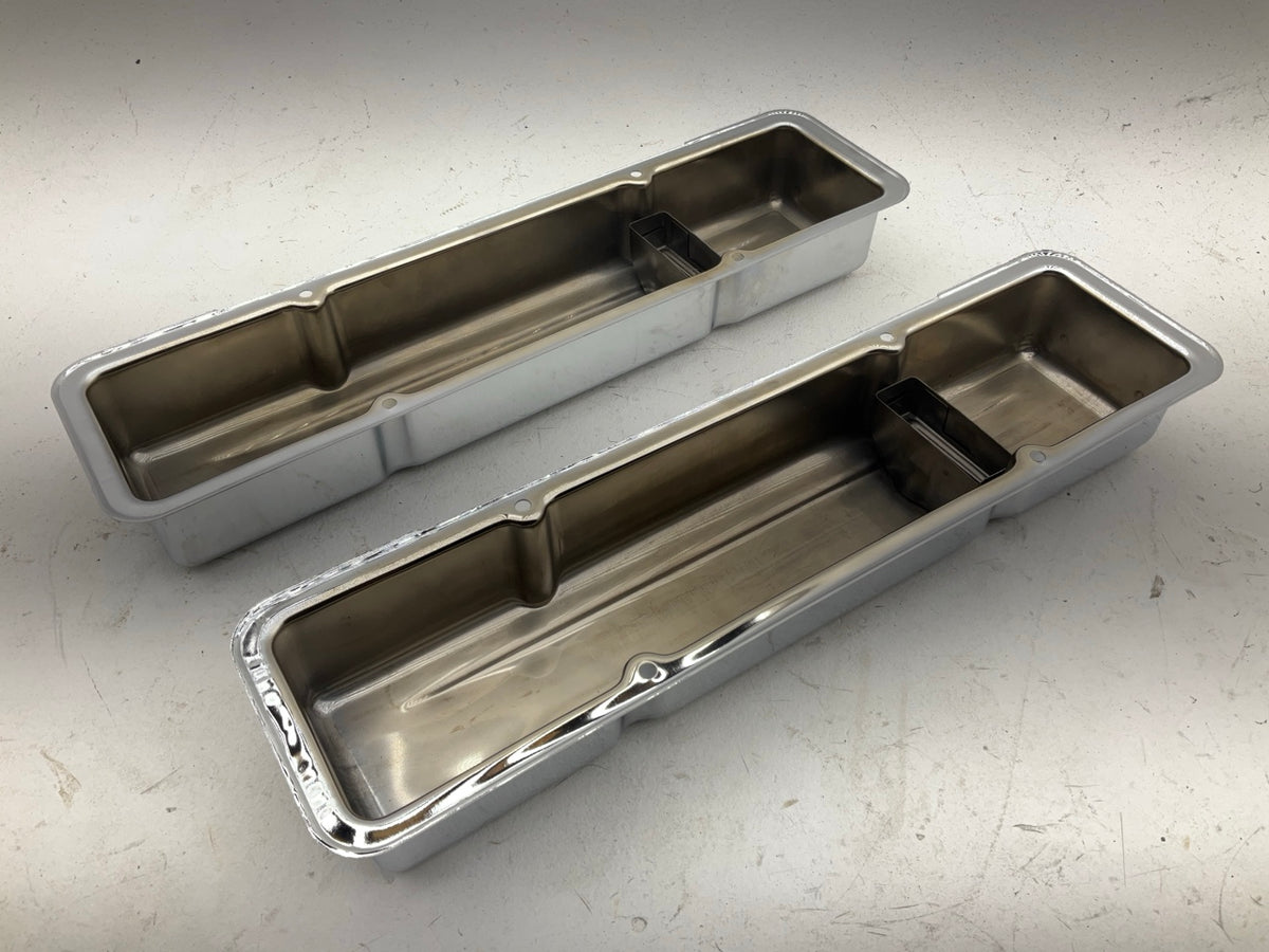 NEW UNBOXED MrGasket 9800 Chrome Engine Valve Covers 1972-1986 Chevy SBC 283-400