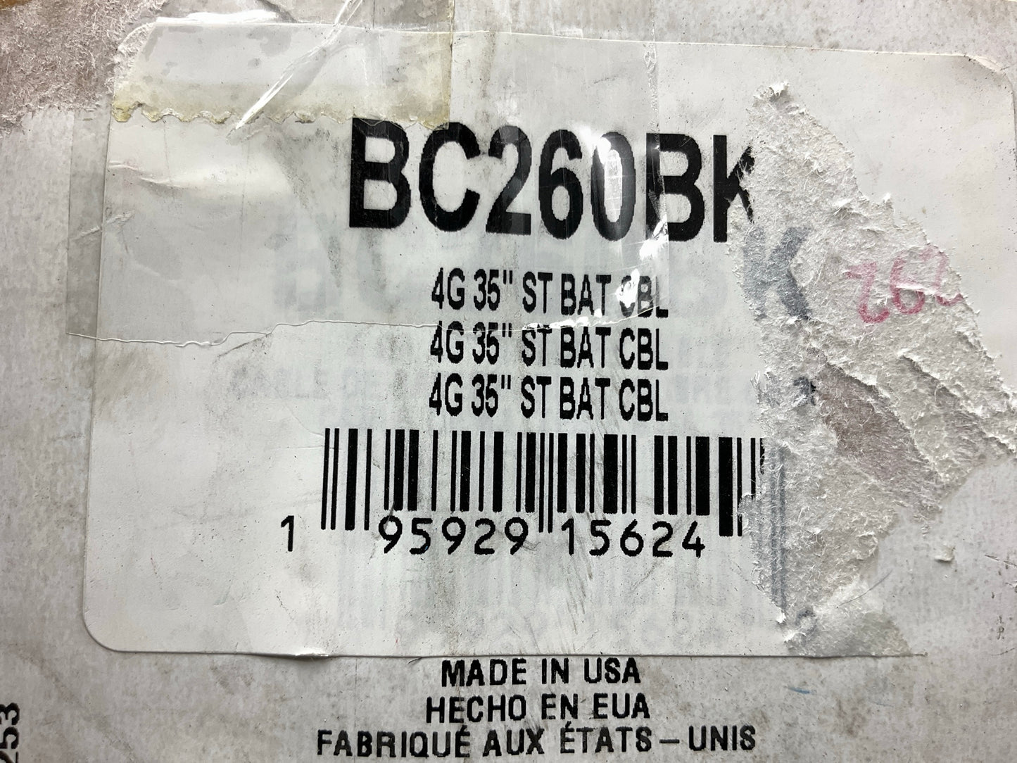 BC260BK 4 Gauge 35 Inch Side Terminal Black Battery Cable With 12 Gauge Lead
