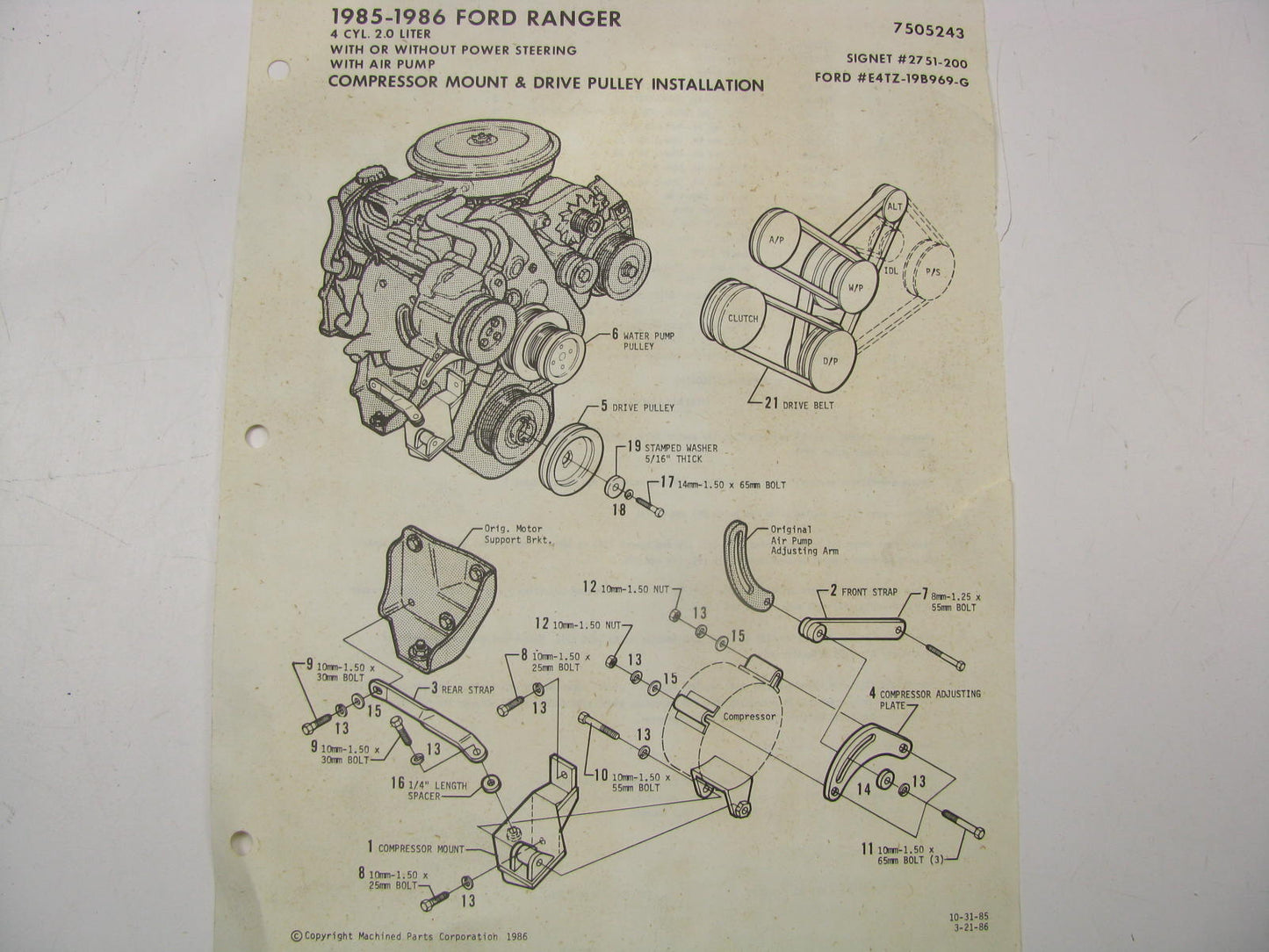 NEW 1985-1986 Ford Ranger 2.0L A/C Compressor Mount Bracket & Pulley Drive Kit
