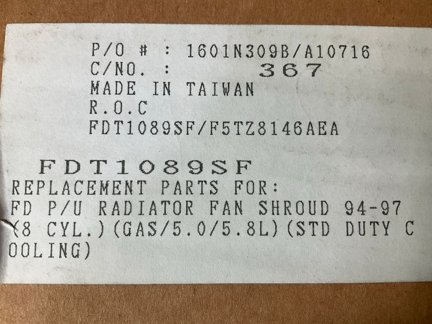 NEW FDT1089SF Radiator Fan Shroud - 1994-1996 Ford F-150 F-250 5.0L/5.8L