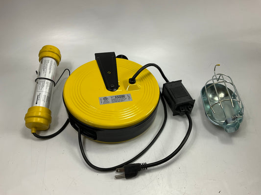 MISSING BRACKET - Bayco 13 W Flourescent Work Light W/ Spotlight, 50' Metal Reel