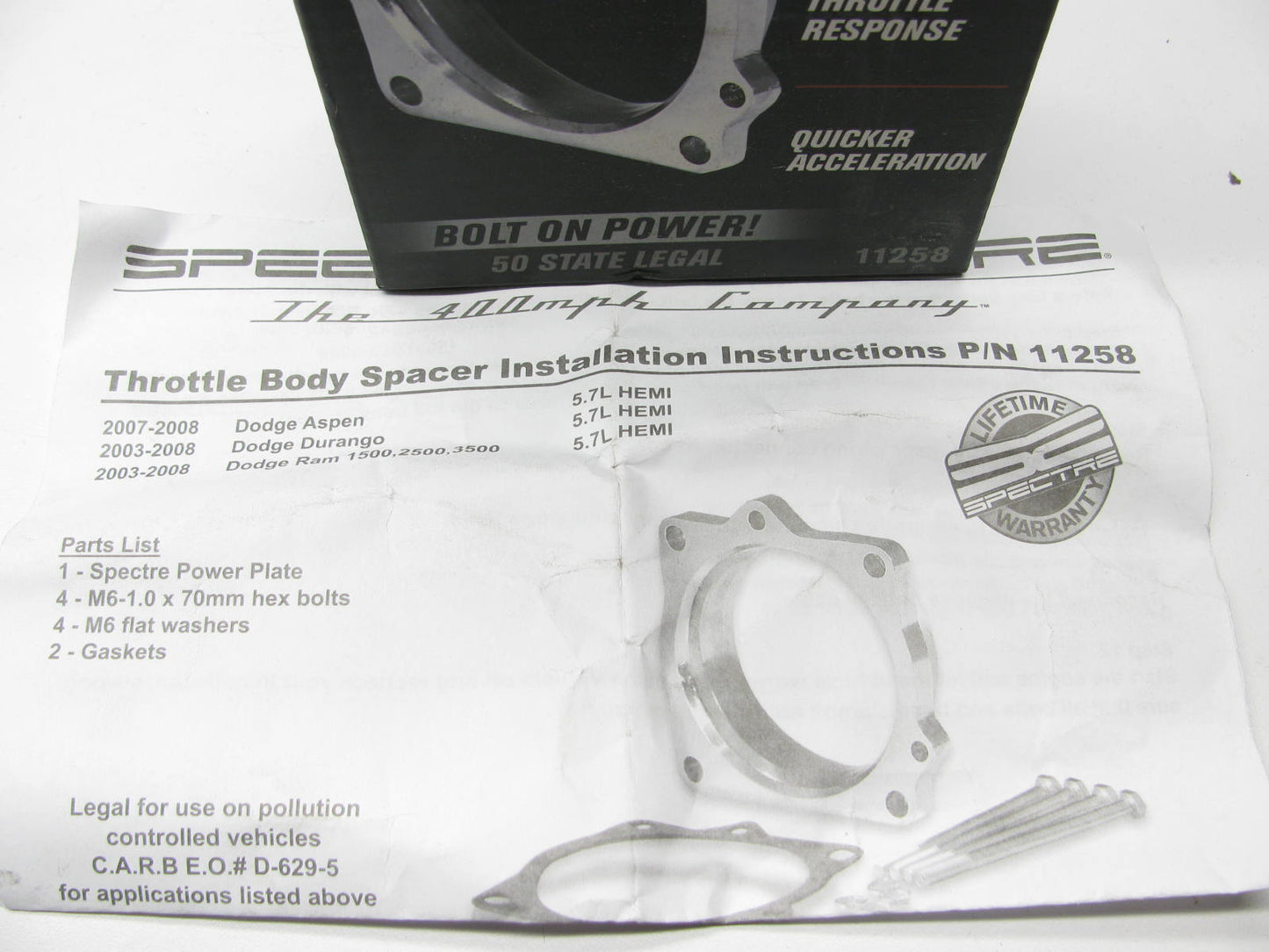 Spectre 11258 Power Plate Throttle Body Spacer For 2003-2008 Ram 5.7L