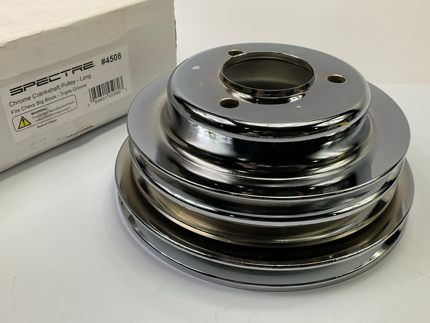 Spectre 4508 3-groove Chrome Crankshaft Pulley, Big Block Chevy BBC W/ Long W.P.