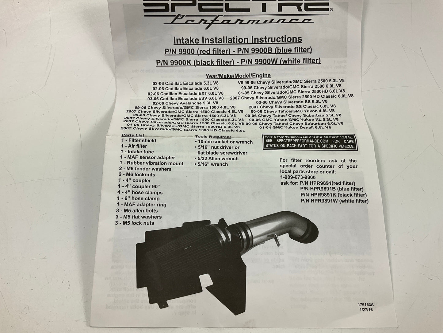 Missing The Air Filter, AS-IS - Spectre 9900 Performance Cold Air Intake System