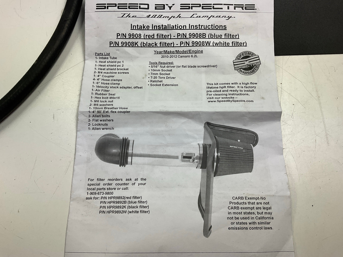 INCOMPLETE Spectre 9908 Performance Cold Air Intake System 2010-2015 Camaro 6.2L