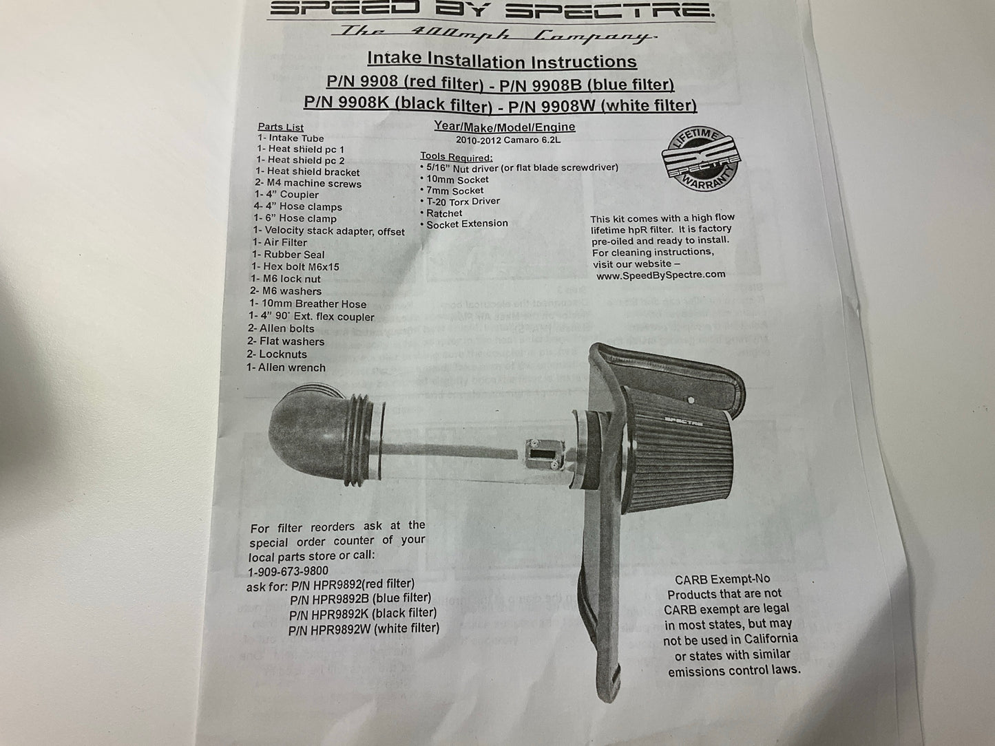 Spectre 9908 Performance Cold Air Intake System 2010-2015 Chevrolet Camaro 6.2L