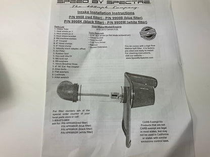 Spectre 9908 Performance Cold Air Intake System 2010-2015 Chevrolet Camaro 6.2L