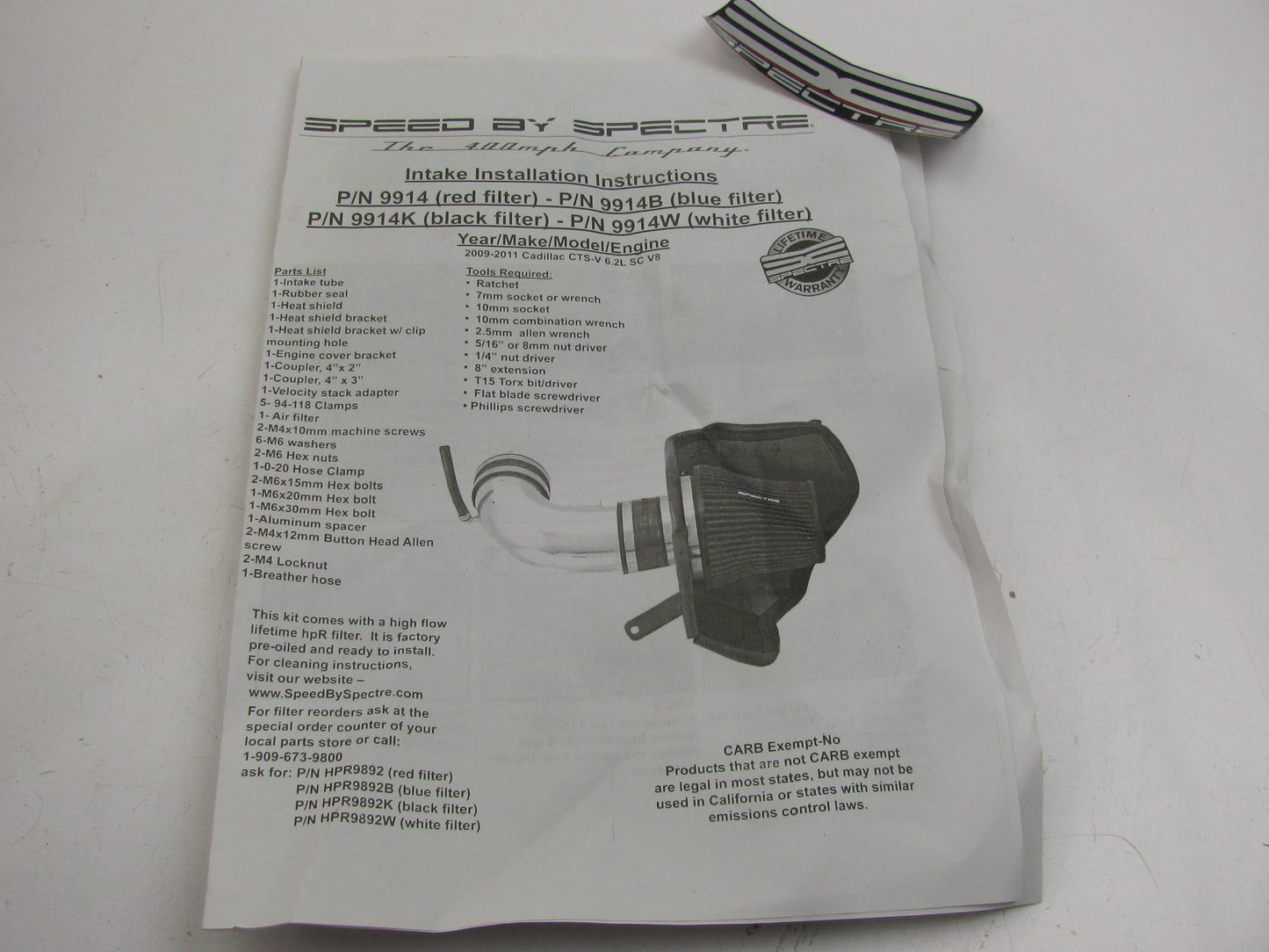 Spectre 9914B Performance Cold Air Intake Filter Kit 2009-2015 Cadillac CTS 6.2L