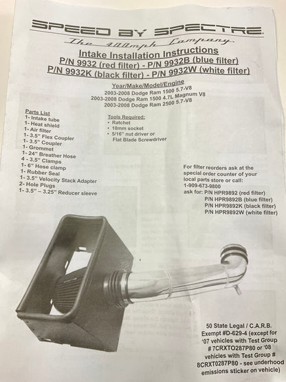 Spectre 9932 Cold Air Intake Kit For 2002-2008 Dodge Ram 1500 2500 Gas V8 Truck