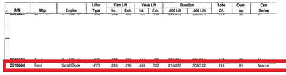 Speed Pro CS-1058M Performance Camshaft - Ford Small Block SBF Marine V8