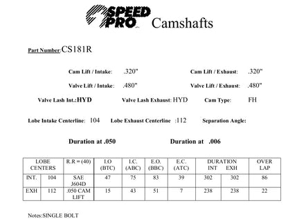Speed Pro CS-181R Performance Camshaft Cam For Big Block Chrysler V8