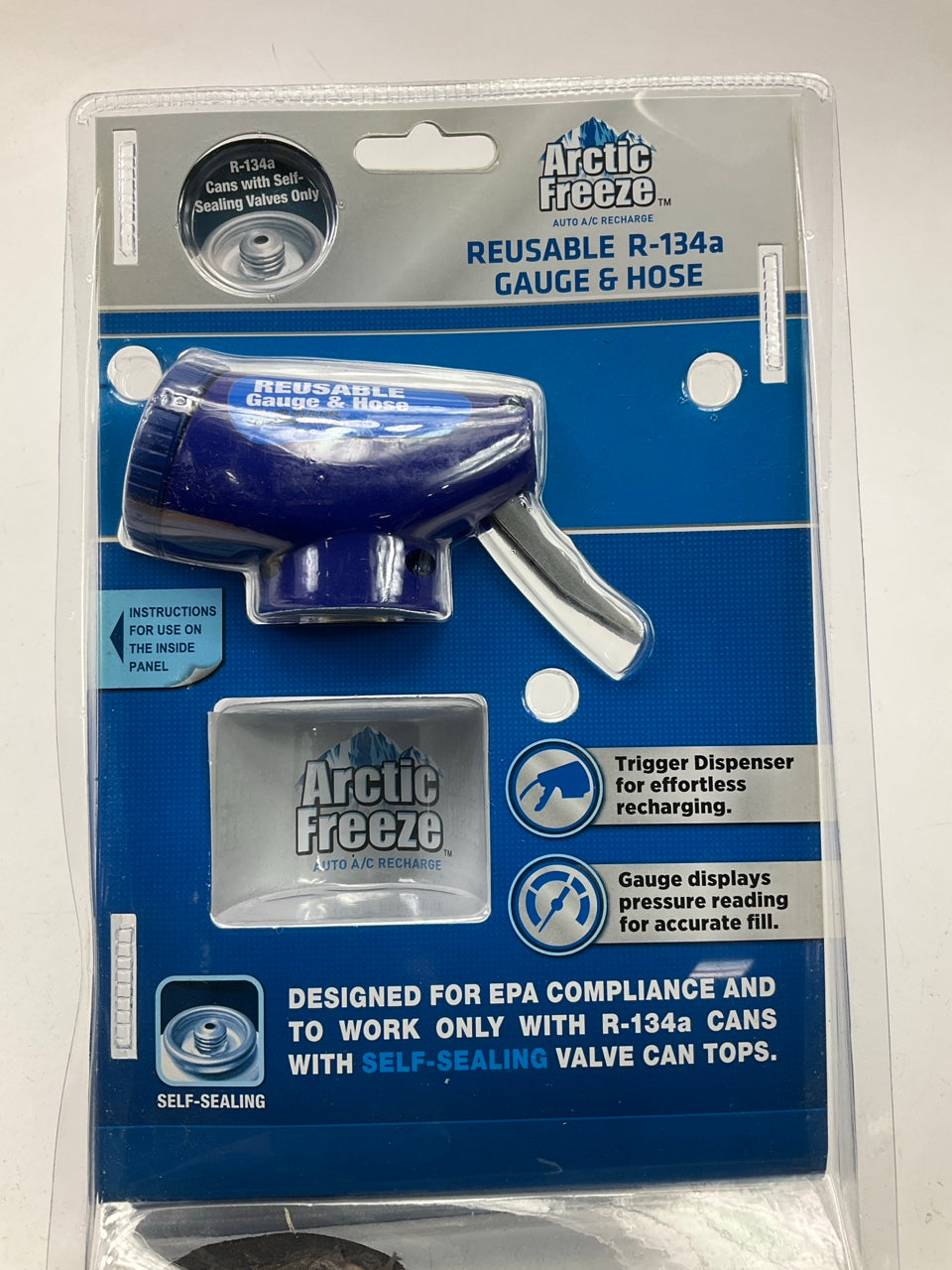 Arctic Freeze 134 Blue Reusable A/C Gauge And Hose, For Self Sealing Cans ONLY