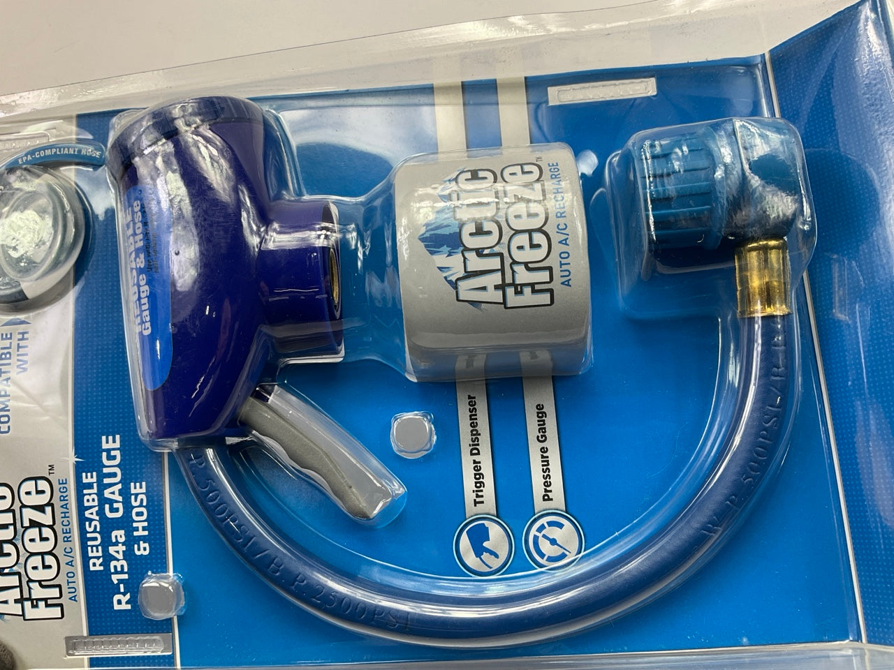 Arctic Freeze 134 Blue Reusable A/C Gauge And Hose, For Self Sealing Cans ONLY