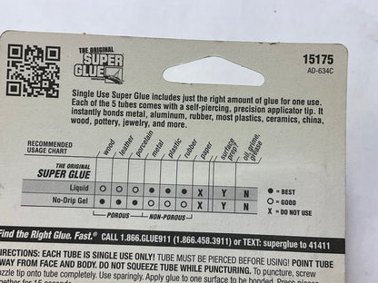 5 PACKS - SUPER GLUE 15175 Instant Adhesive Single Use Super Glue Mini Tubes