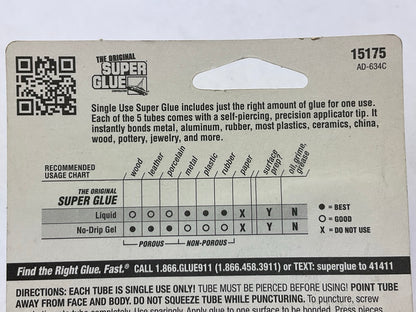 SUPER GLUE 15175 Instant Adhesive Single Use Super Glue Mini Tubes, 5 Pack