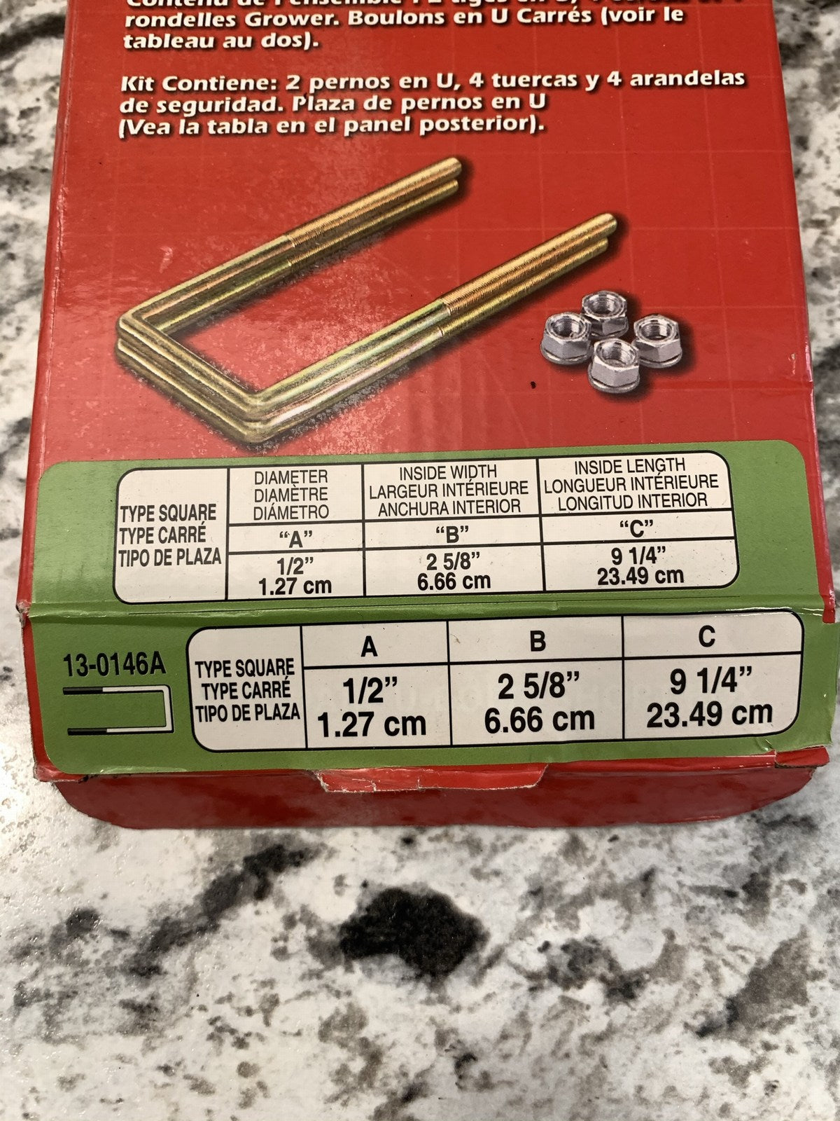 Superior 13-0146A Square Leaf Spring U-Bolt Kit, 1/2''x 2 5/8''x 9 1/4''