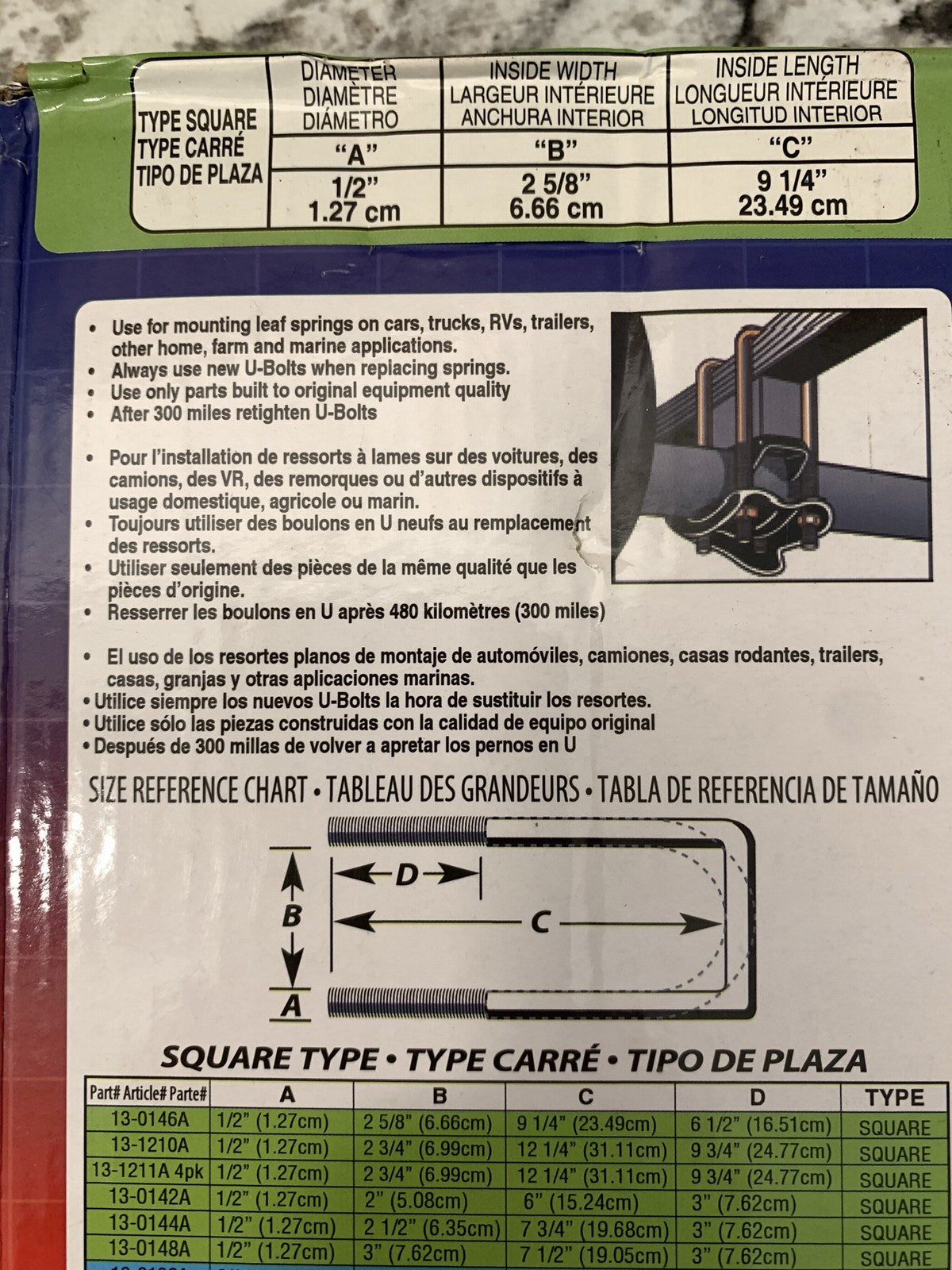 Superior 13-0146A Square Leaf Spring U-Bolt Kit, 1/2''x 2 5/8''x 9 1/4''