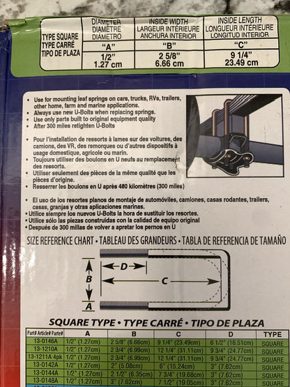 Superior 13-0146A Square Leaf Spring U-Bolt Kit, 1/2''x 2 5/8''x 9 1/4''