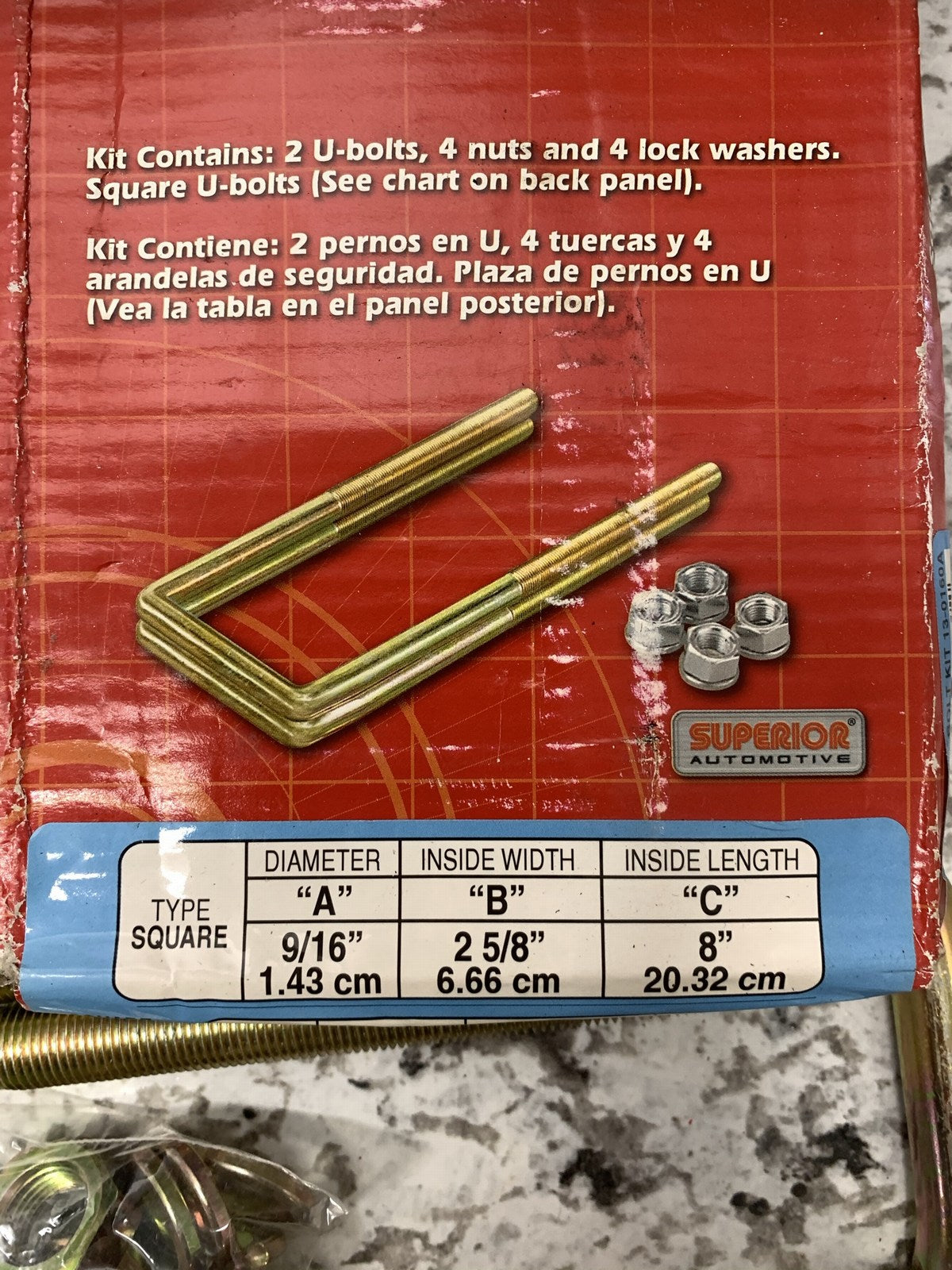 Superior 13-0160A Leaf Springs U-Bolt Kit 9/16'' D X 2 5/8'' Width  X 8'' Long