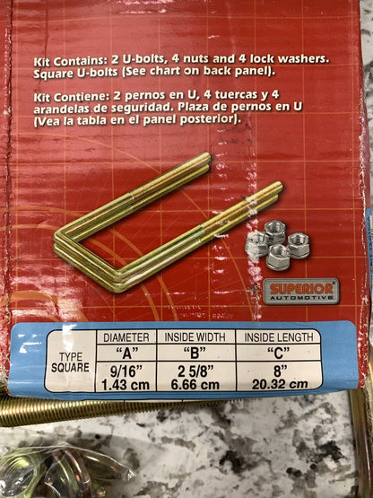 Superior 13-0160A Leaf Springs U-Bolt Kit 9/16'' D X 2 5/8'' Width  X 8'' Long