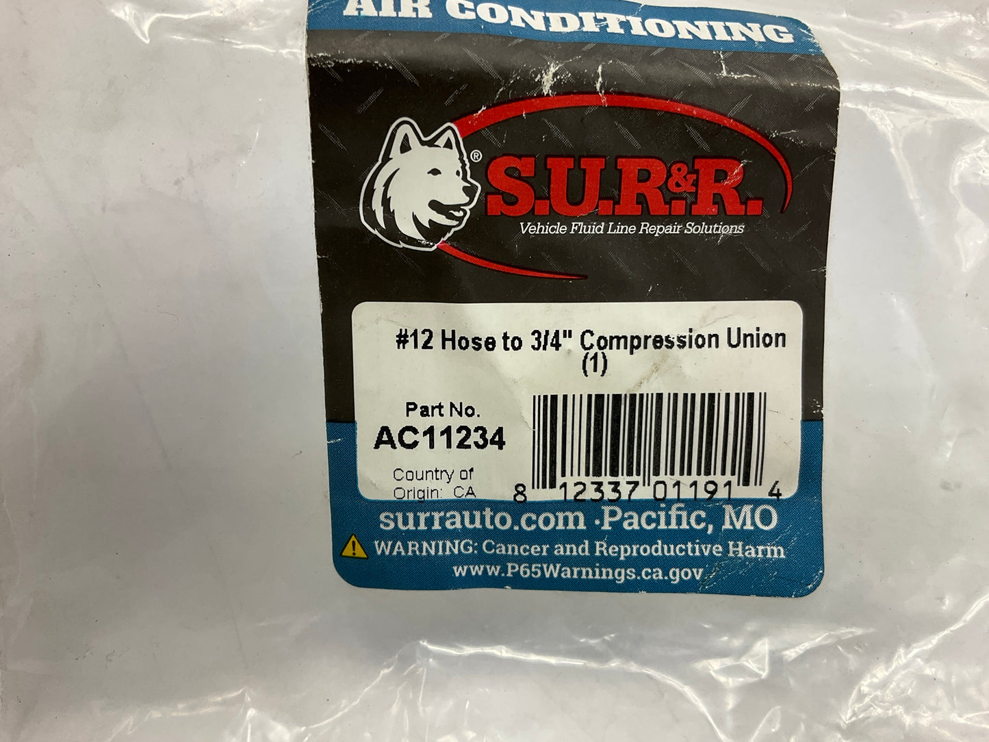 SUR-R AC11234 #12 Hose To 3/4'' Compression Union A/C Fitting Connector