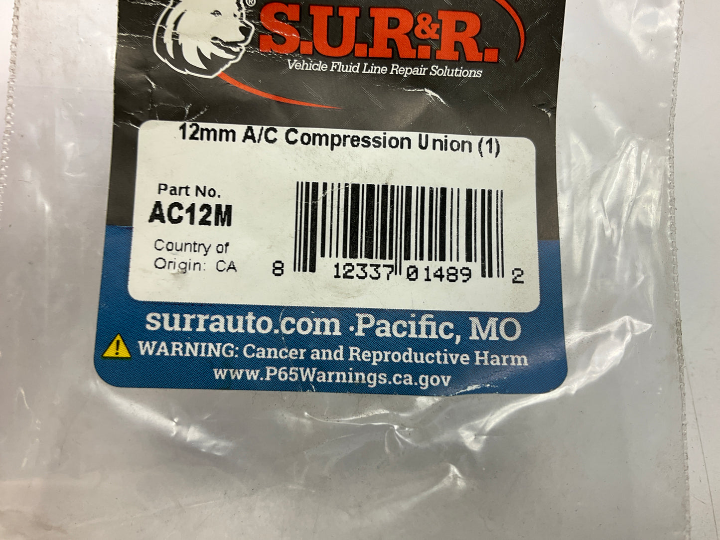 SUR-R AC12M 12mm Straight A/C Compression Union Fitting - Quick A/C Line Repair