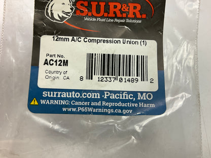 SUR-R AC12M 12mm Straight A/C Compression Union Fitting - Quick A/C Line Repair