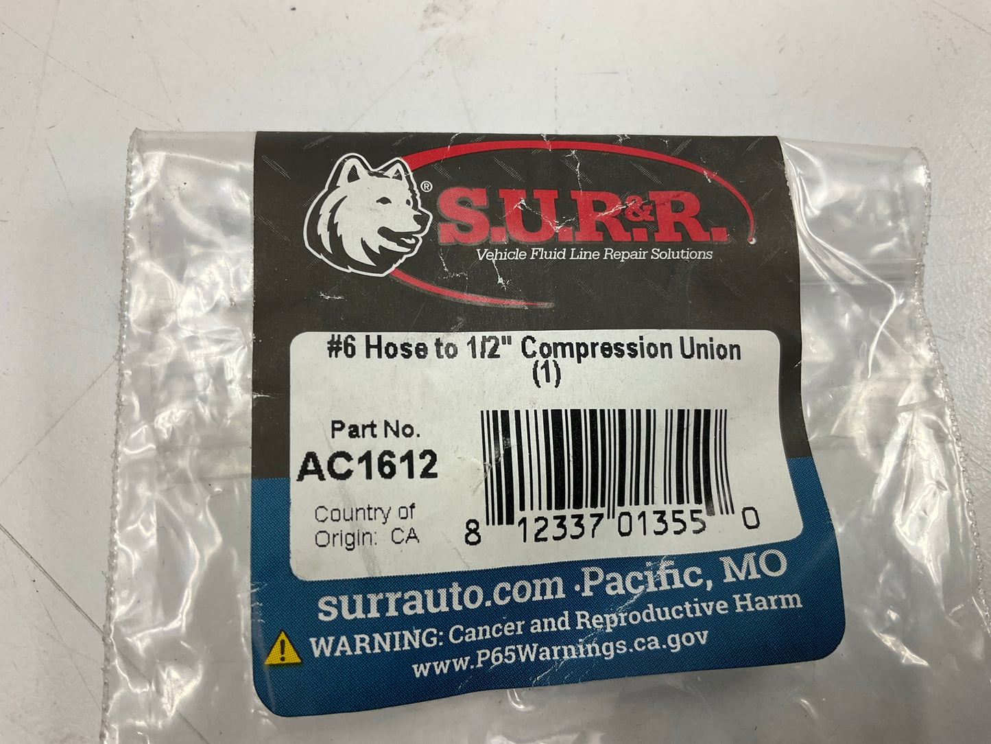 SUR-R AC1612 #6 Hose To 1/2'' Compression Union A/C Compressor Line Fitting
