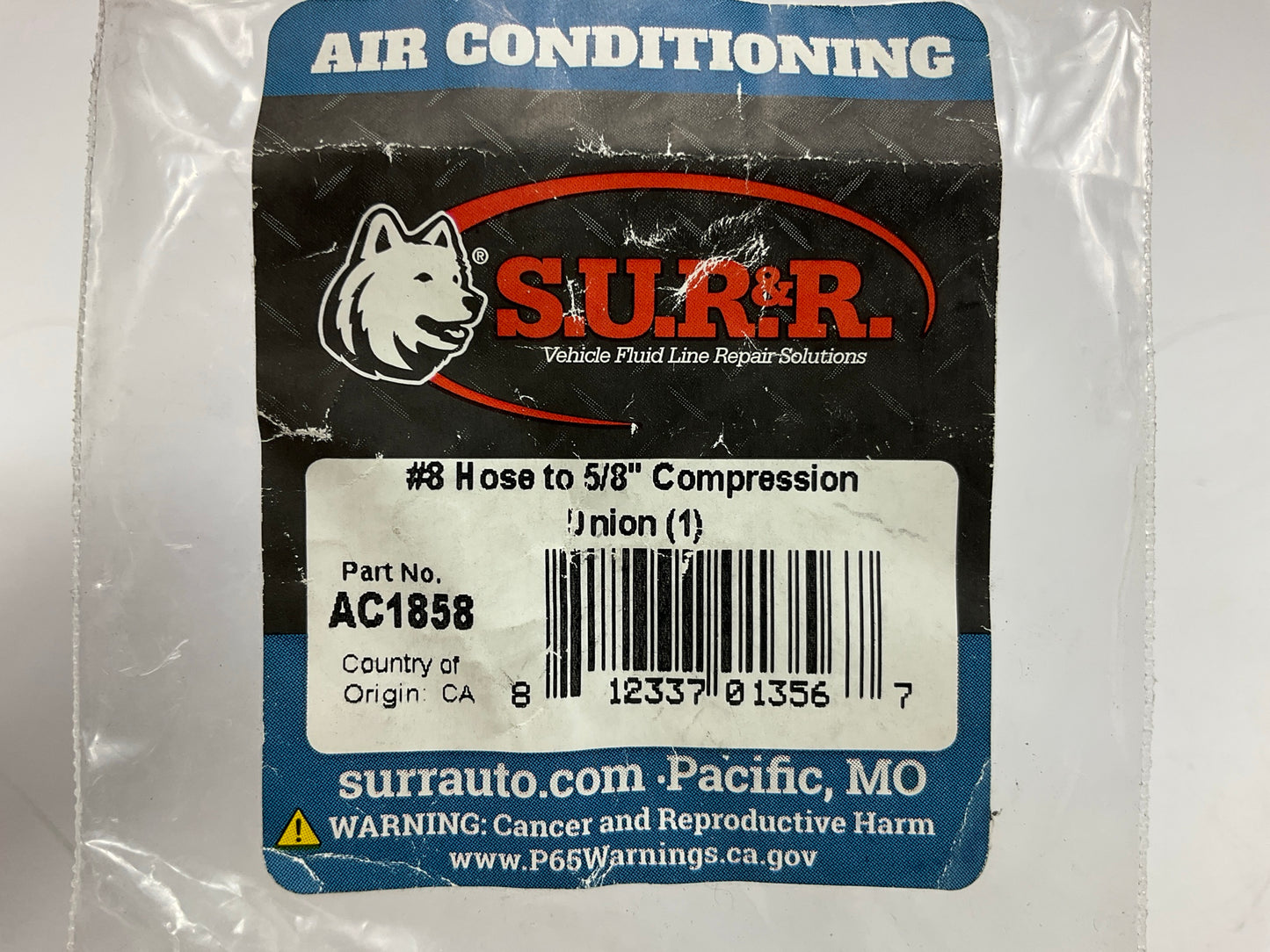 SUR-R AC1858 Air Conditioning No. 8 Hose To 5/8'' Compression Union Fitting