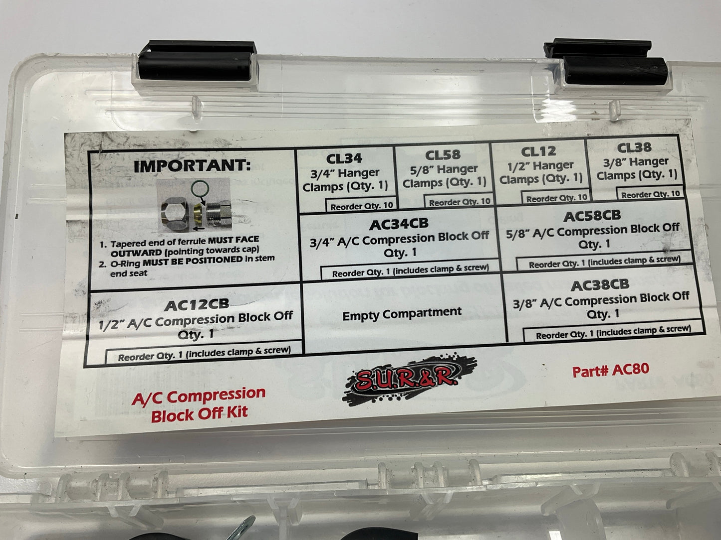 SUR-R AC80 A/C Compression Block Off Kit - 3/8'', 1/2'', 5/8'' And 3/4'' Sizes