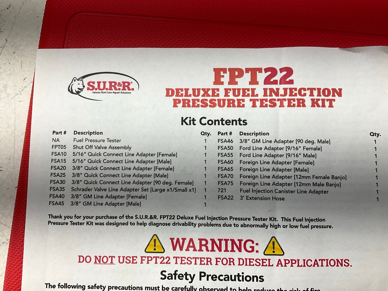 S.U.R&R FPT22 Deluxe Fuel Injection Pressure Tester Tool Kit Set