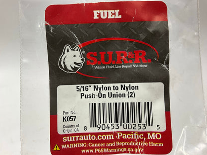 2 / Pack - SUR&R K057 5/16'' Nylon To Nylon Push-On Fuel Line Union Fittings