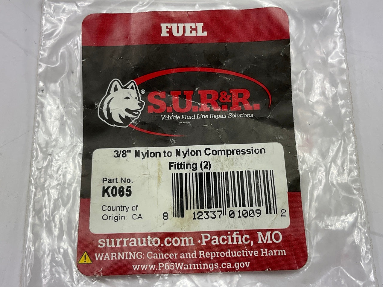 SUR-R K065 Fuel Line 3/8'' Nylon To Nylon Compression Union Fittings, 2 / Pack