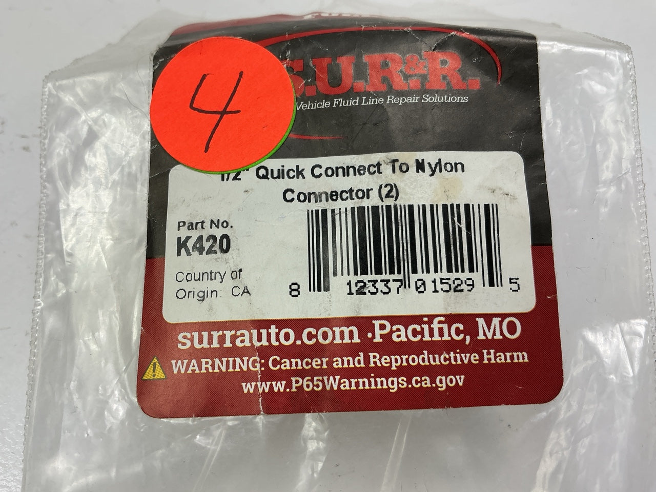 (4) Pack SUR&R K420 1/2'' Quick Connect To Nylon Line Adapter Fluid Line Fitting