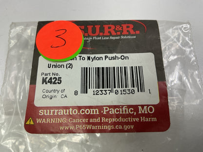 (3) SUR-R K425 1/2'' Nylon To Nylon Push On Union Fluid Line Repair Fitting