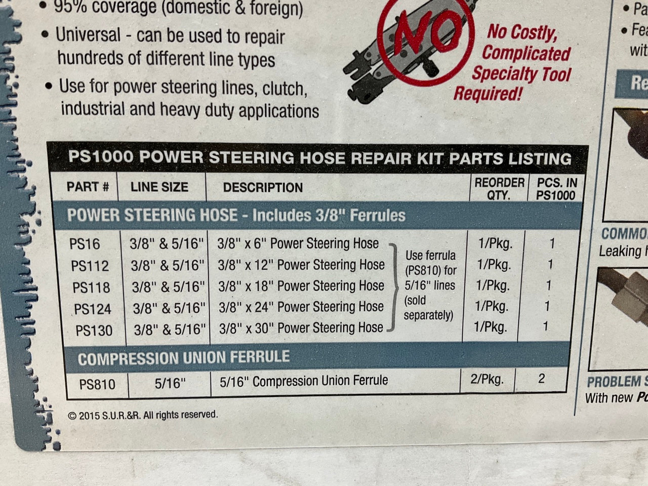 SUR&R  PS1000 Professional 3/8'' Power Steering Hose Repair Kit