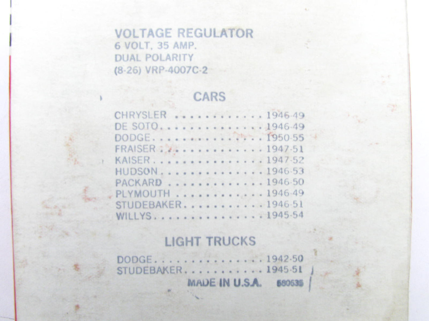 Switches Inc 580635 Voltage Regulator For 1942-1950 Dodge Truck, 6 Volt, 35 Amps