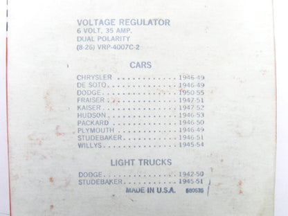 Switches Inc 580635 Voltage Regulator For 1942-1950 Dodge Truck, 6 Volt, 35 Amps