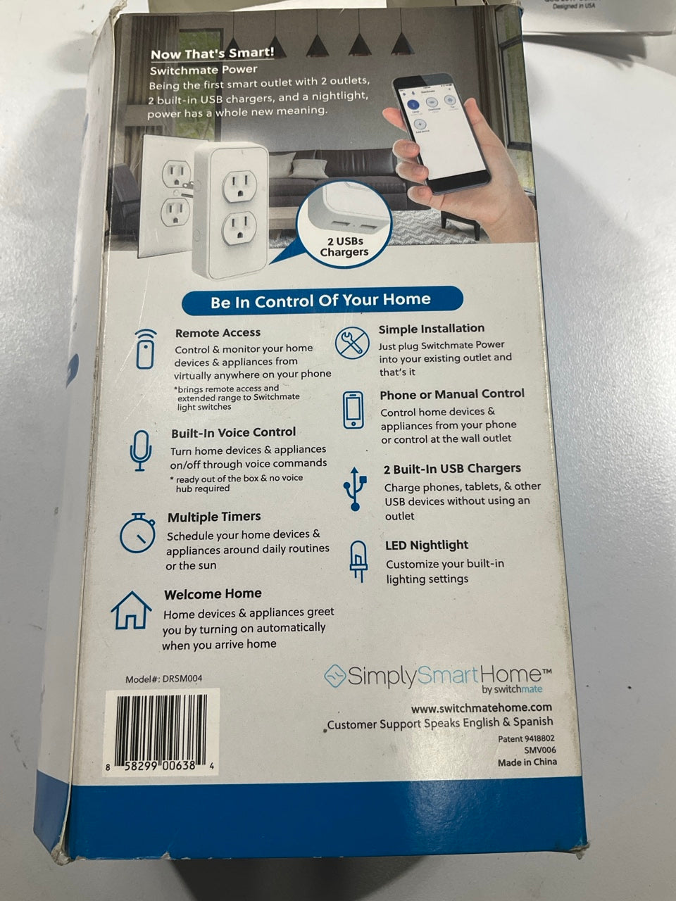 SimplySmartHome By Switchmate Dual Smart Power Outlet W/ 2 USB Ports, White