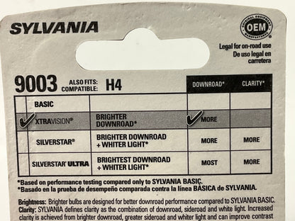 Sylvania 9003XVBP XtraVision Headlamp Headlight Light Bulbs # 9003